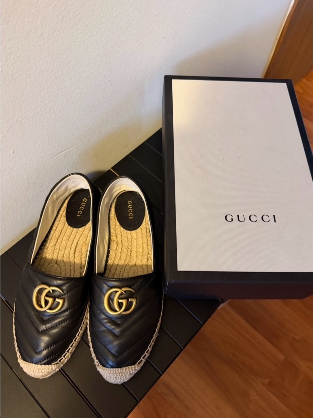 Gucci Black Leather Quilted Espadrille Slide with Gold Hardware